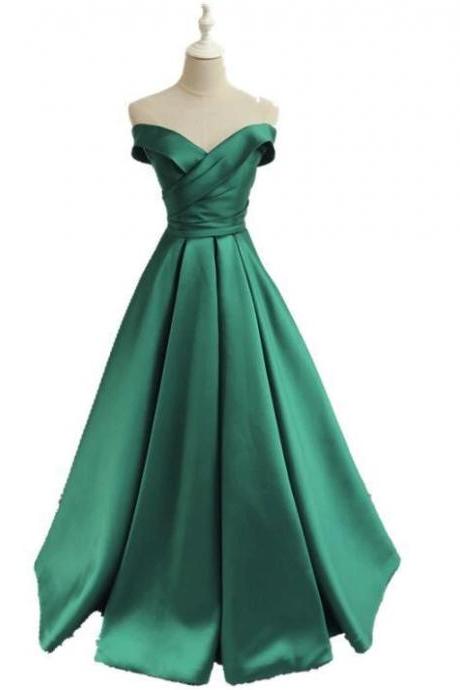 Green Off Shoulder Fashionable Long Evening Dress, Satin Long Prom Dress N015