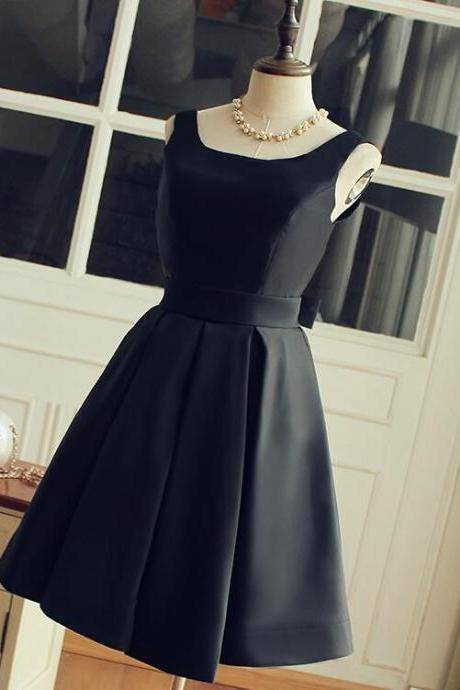 Cute Short Black Satin Knee Length Homecoming Dress, Black Party Dress N019