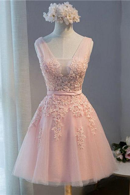 Pink V Neck Plus Size A Line Lace Prom Dresses Gray Short Elegant Evening Party Gown Special Occasion Dress N029
