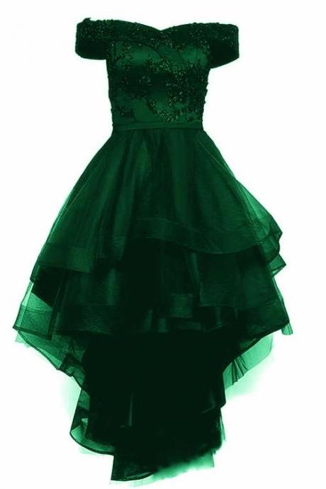 Fashionable Dark Green High Low Tulle With Lace Homecoming Dress, Green Party Dresses N037