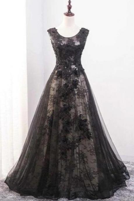Black Tulle And Lace Round Neckline A-line Party Dress, Wedding Party Dress N041