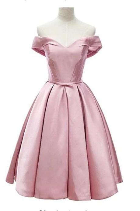 Pink Satin Sweetheart Knee Length Party Dress, Pink Homecoming Dress N046