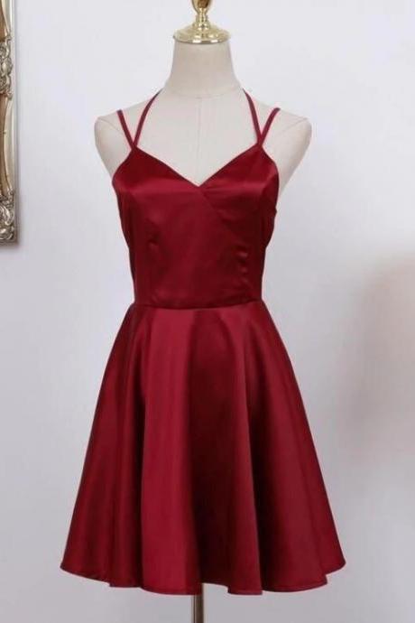 Cute Straps Dark Red Mini Party Dress, Dark Red Short Homecoming Dress N048