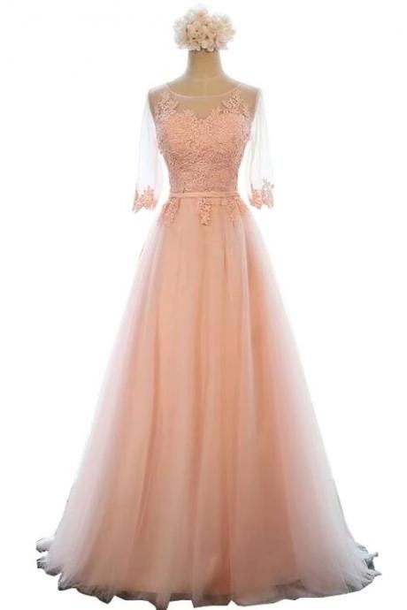 Pink 1/2 Sleeves Tulle Round Neckline Long Party Dress, A-line Prom Dress N049