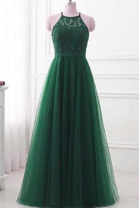 Dark Green Cross Back Tulle Halter Long Party Dress, A-line Junior Prom Dress N065