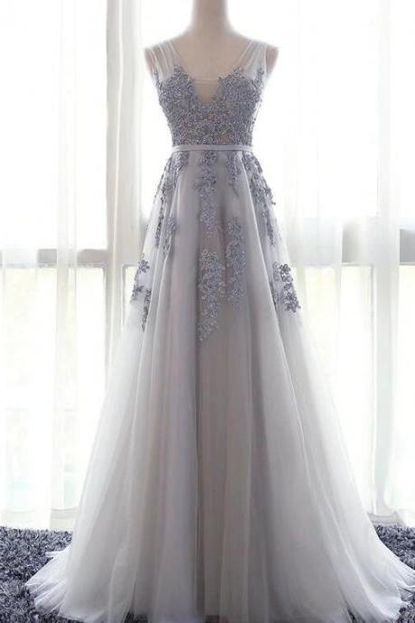 Fashionable Grey Tulle Long Bridesmaid Dress With Lace Applique, Long Formal Gown N068