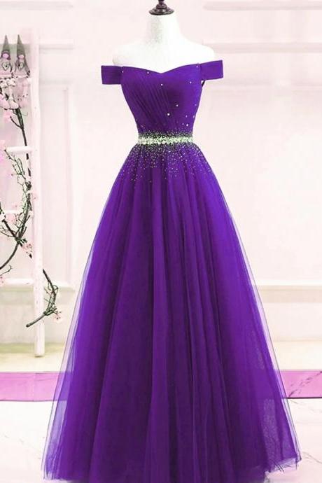 Lovely Purple Off Shoulder Beaded Long Prom Dress, Purple Formal Dress Evening Gowns N071