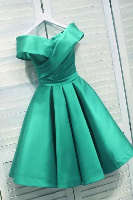 Lovely Green Satin Off Shoulder Knee Length Party Dress, Homecoming Dress N072