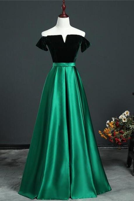Beautiful Green Velvet And Satin Off Shoulder Party Dress, Long Prom Dress N073