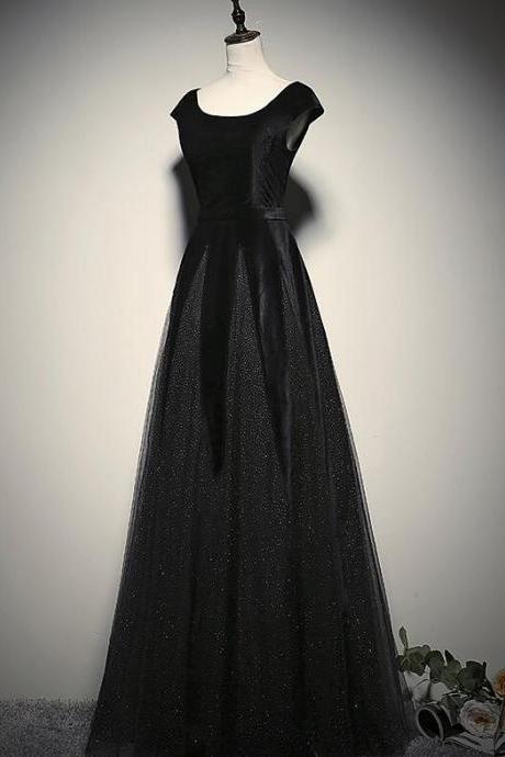 Elegant Black Velvet Cap Sleeves Evening Dress, Black Prom Dress N075