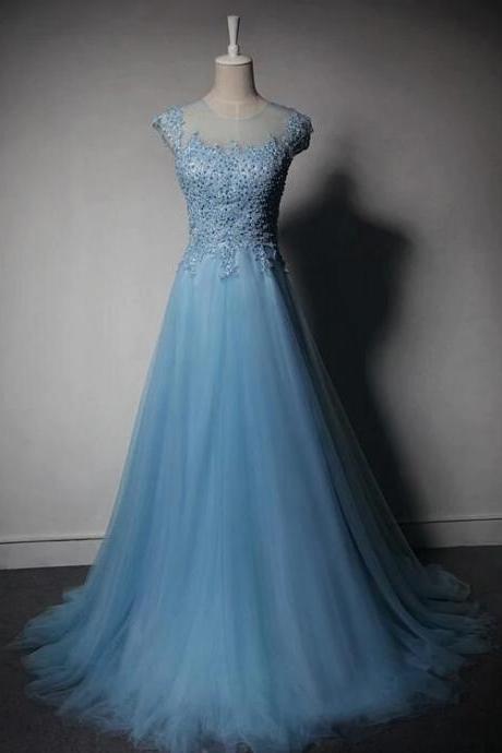 Lovely Blue Tulle Cap Sleeves Long Lace Applique Party Dress, New Blue Prom Dress N077
