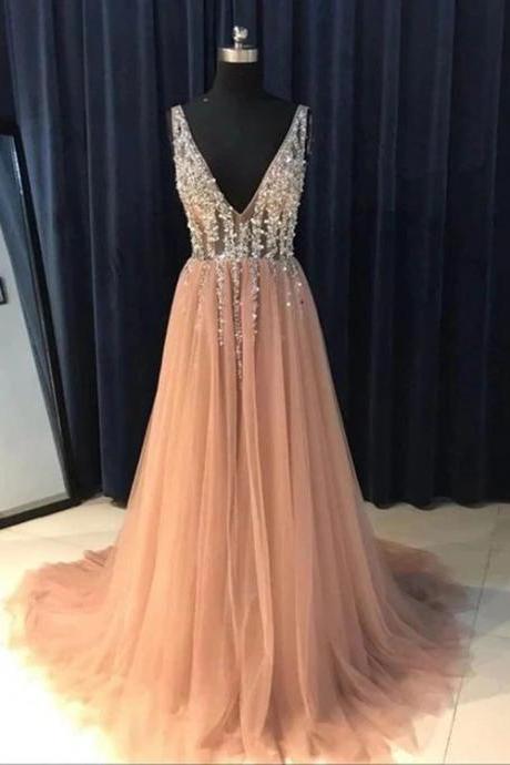 Cute A-line Pearl Pink Tulle Party Dress, Long Beaded Prom Dress N078