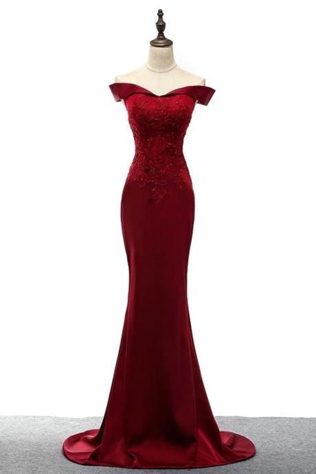 Dark Red Mermaid Satin Long Party Dress, Off Shoulder Evening Dress N079
