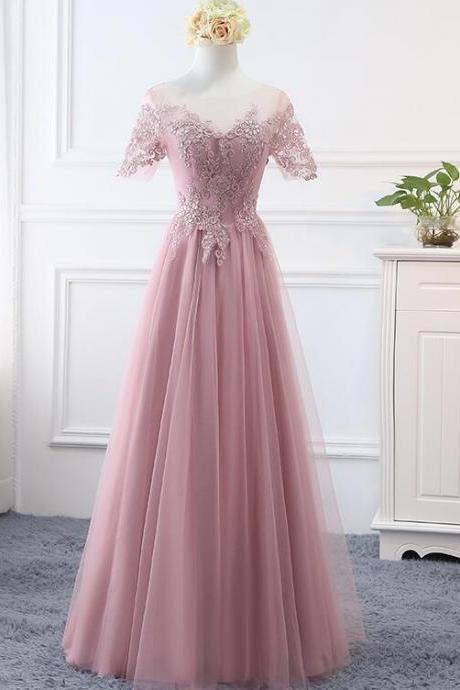 Fashionable Pink Tulle Long Bridesmaid Dress, Short Sleeves Party Dress N080