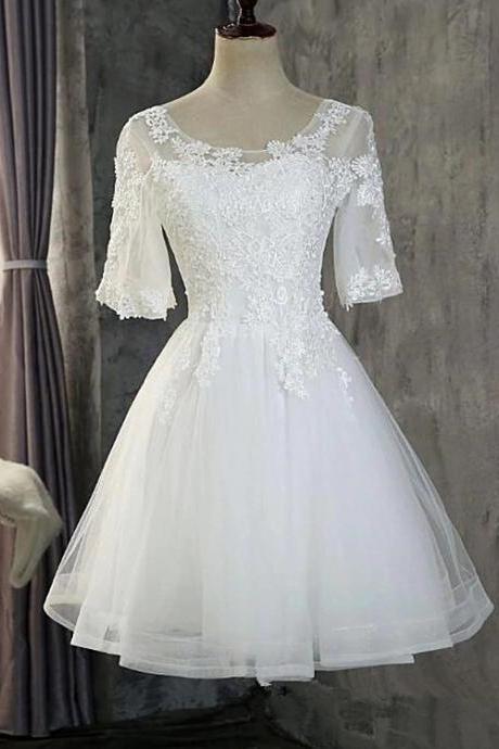Cute White Short Sleeves Tulle with Lace Party Dress, Short Graduation Dress N084

