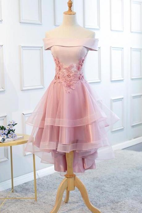 Lovely Off Shoulder Tulle Pink Layers Party Dress, High Low Party Dress N085
