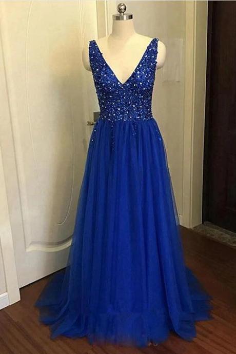 Lovely Tulle V-neckline Blue Long Prom Dress, New Party Dress N089
