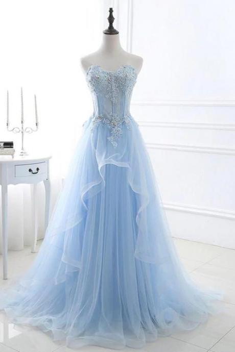 Light Blue Sweetheart Sheer Corset Evening dress, Long Tulle Prom Dress N090