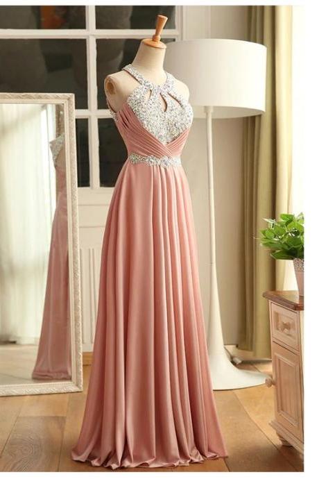 Pink Sequins Satin Long Junior Prom Dress, A-line Party Dress N092