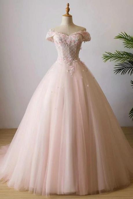 Cute Light Pink Tulle Flowers Off Shoulder Party Dress, Sweet Gown N093
