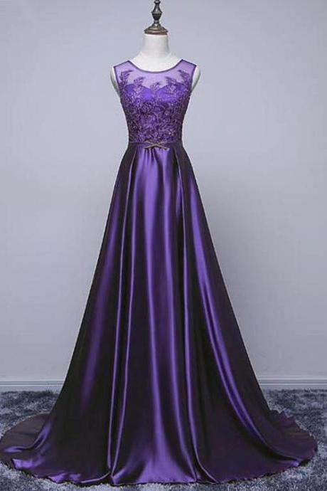 Beautiful Purple Long Round Neckline Prom Dress, Satin Wedding Party Dress N096
