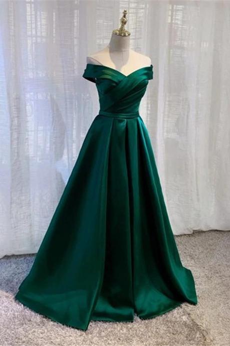 Dark Green Long Junior Prom Dress Hand Made Custom Off Shoulder Evening Gown F03