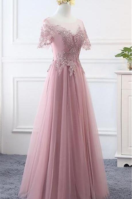 Fashionable Custom Made Pink Tulle Long Bridesmaid Dress Lace Applique Short Sleeves Party Dress F05