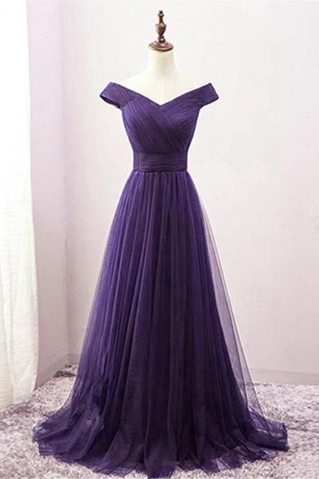 Hand Made Custom Dark Purple Sweetheart Tulle Off Shoulder Bridesmaid Dress Evening Dress Long Prom Dress F07