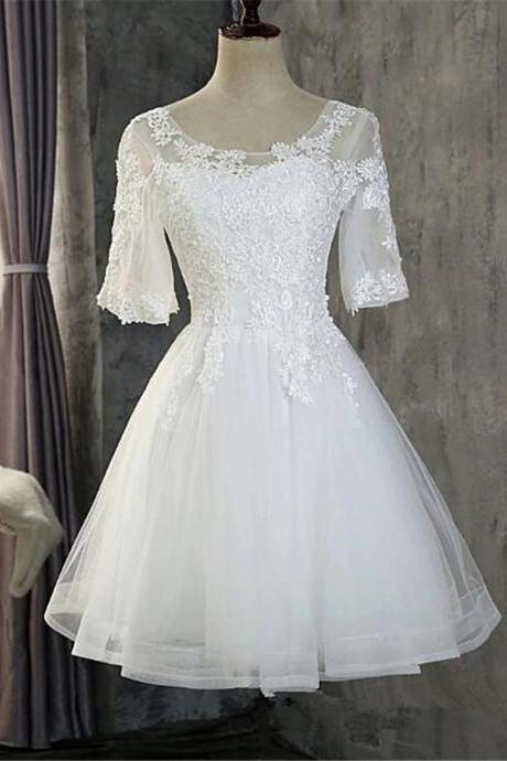 Custom White Or Ivory Short Sleeves Tulle With Lace Party Dress Prom Dress Graduation Dress F08