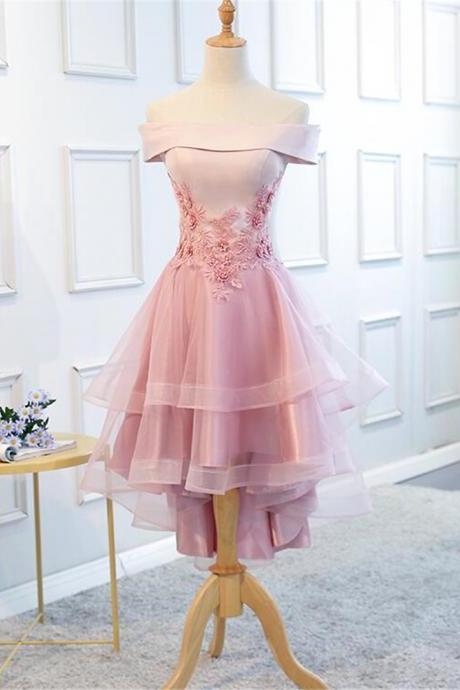 Custom Lovely Off Shoulder Tulle Pink Layers Prom Evening Dress High Low Party Dress F09