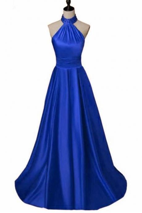 Hand Made Custom Blue Satin Halter Long Junior Prom Dress Royal Blue Formal Gowns F11