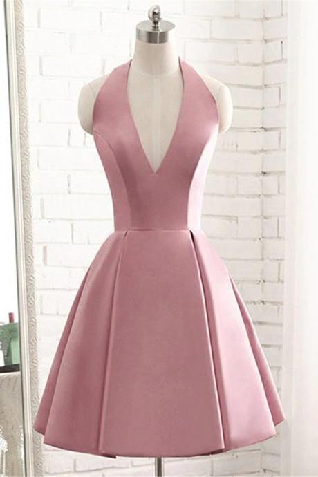V Neck Pink Satin Halter Knee Length Party Dress Pink Homecoming Dress F14