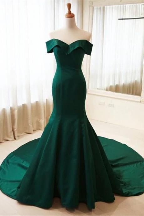 Hand Made Dark Green Satin Long Evening Party Dress Mermaid Off Shoulder Prom Dress F16