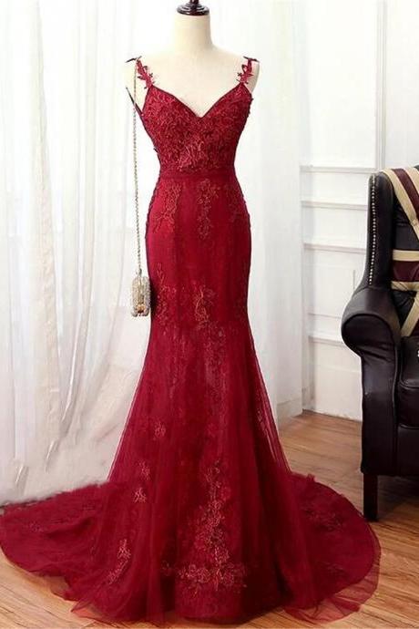 Hand Made Elegant Burgundy Mermaid Lace Prom Dresses Wine Red Evening Gowns F17