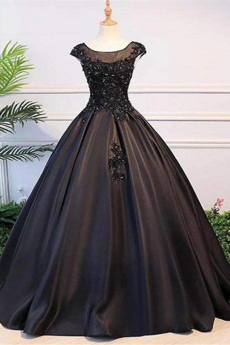 Black Ball Gown Satin Long Party Dress Black Evening Gown F20