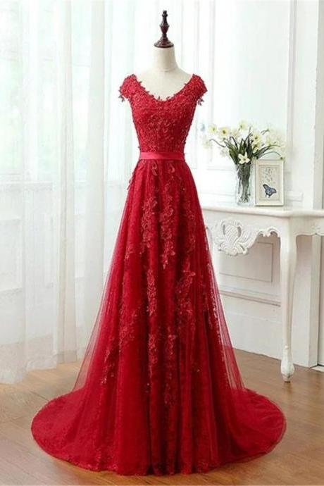Hand Made Custom Red Tulle A-line Long Prom Dress With Lace Applique Long Evening Gowns F22