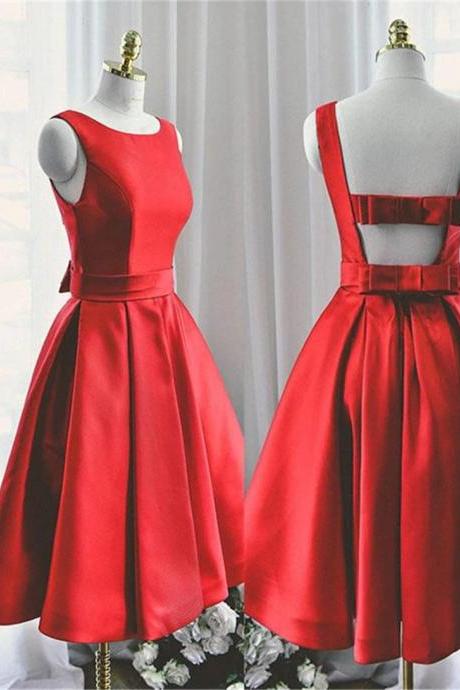 Hand Made Custom Lovely Red Satin Short Party Dress Red Prom Dress F25