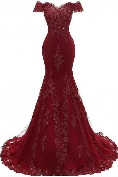 Sexy Wine Red Mermaid Tulle With Lace Sweethart Party Dress Long Prom Dress F26