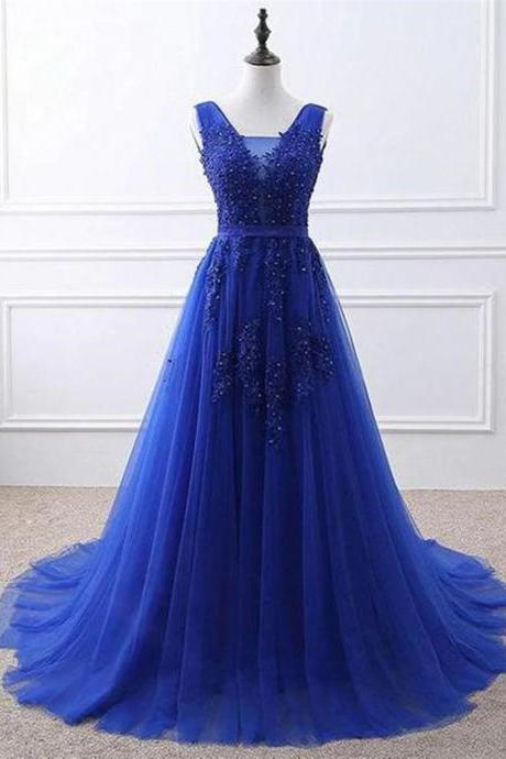 Hand Made Beautiful Blue Tulle Long Prom Dress Evening Dress Formal Gown F27