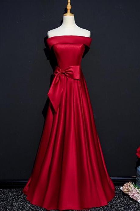 Dark Red Satin Long Party Gown Evening Dress Off Shoulder Prom Dress F28