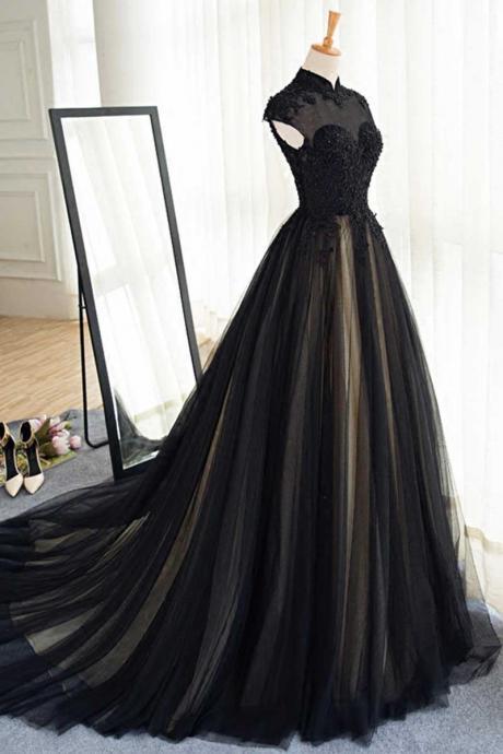 Elegant High Neck With Train Rhinestone Prom Dress Evening Dress Black Formal Dress F29