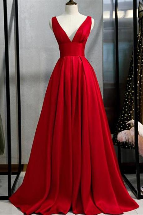 Hand Made Custom Elegant V-neckline Red Satin Long Party Dress Evening Prom Gown F33