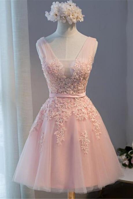 Hand Made Cute Pink Short V-neckline Party Dress Evening Tulle Prom Dress F34