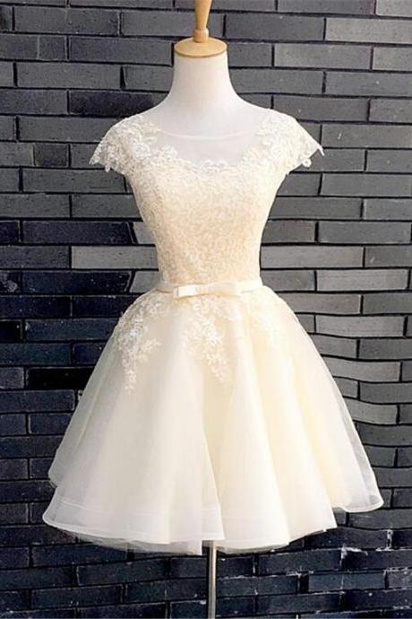 Hand Made Champagne Short Tulle Party Dress Cap Sleeves Homecoming Dress F35