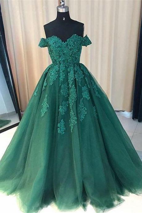 Off Shoulder Lace Applique Tulle Long Prom Gown Evening Dress?f37