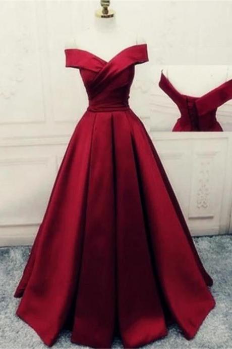 Custom Dark Red Satin A-line Off Shoulder Gown Evening Dress Prom Dress F40