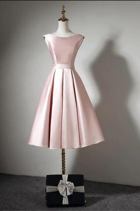 Short Knee Length Pink Satin Round Neckline Wedding Party Dress Pink Prom Dress F41