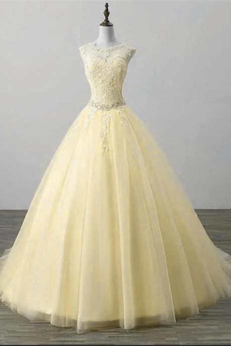 Hand Made Yellow Tulle Long Party Dress Beading Prom Evening Dress F42