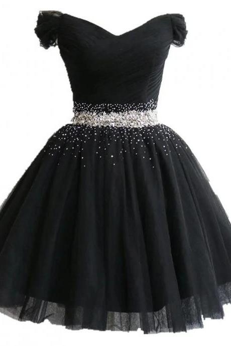 Fashionable Black Short Beaded Party Dress Black Prom Dress F44