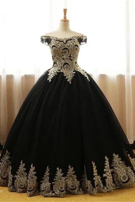 Prom Dress Ball Gown Black Tulle Off Shoulder Gown With Gold Lace Applique Long Party Dress F47